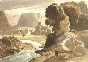 Gebirgige Landschaft mit einer Burg (möglicherweise eine Ansicht in Wales), ca. 1802-3 von Cornelius Varley