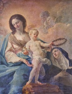 Kirche des SS Salvatore, Altar des Rosenkranzes, Unsere Liebe Frau vom Rosenkranz, Leinwand von Corrado Giaquinto (Detail), Poggiardo, Lecce, Apulien von Corrado Giaquinto