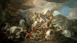 Die legendäre Schlacht von Clavijo, in der der asturische König Ramiro I. (791-850) die Muslime mit Hilfe des Apostels St. Jakobus im Jahr 845 besiegte, Skizze nach dem Gemälde in der Kuppel des Königspalastes in Madrid von Corrado Giaquinto