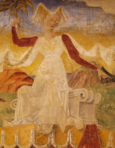 Ceres mit Ähren in den Händen, Detail aus Triumph der Ceres, Szene aus dem Monat August, um 1470, zugeschrieben Cosimo Tura und Meister von Ercole, Fresko, Nordwand, Halle der Monate, Palazzo Schifanoia, Ferrara, Emilia-Romagna, Italien