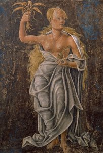 Dekan, Detail Jungfrau des Zeichens, Szene aus dem Monat August, zugeschrieben Cosimo Tura