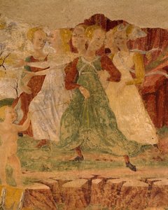 Verzweiflung der Mägde von Proserpina, Detail aus Triumph der Ceres, Szene aus dem Monat August, zugeschrieben Cosimo Tura und Meister von Ercole, Fresko, Nordwand, Halle der Monate, Palazzo Schifanoia, Ferrara, Italien, um 1470