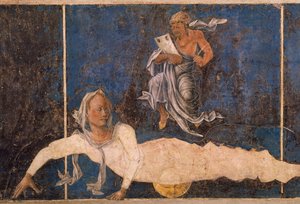 Jungfrau mit Dekan, Szene aus dem Monat August, um 1470, zugeschrieben Cosimo Tura