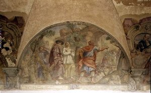 St. Dominikus bekehrt einen Ketzer, Lünette aus dem Freskenzyklus des Lebens von St. Dominikus im Kreuzgang von St. Dominikus, ca. 1698 von Cosimo Ulivelli