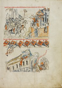 Die Tataren tragen den Kopf von Heinrich vor die Burg Liegnitz; Heilige Hedwig sieht im Traum die Seele ihres Sohnes in den Himmel getragen von Court workshop of Duke Ludwig I of Liegnitz and Brieg