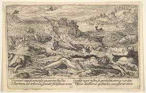 Die Sintflut zerstört das Leben auf der Erde: Leichen von Menschen und Tieren treiben im Vordergrund..., 1612