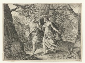 Circe verwandelt Picus in einen Specht (Metamorphosen von Ovidius) von Crispijn van de Passe (II) (after)