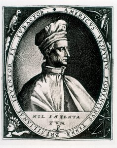 Porträt von Amerigo Vespucci, Inschrift "Americus Vesputius Florentinus Terrae Bresilianae Inventoret Subactor"
