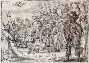Triumphaler Einzug des indischen Bacchus in Theben (Feder & braune Tinte mit brauner Lavierung auf Papier) von Crispin I de Passe