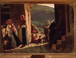 Treffen von Bauernfrauen mit Kindern bei Sonnenuntergang von Cristiano Banti