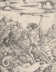 Herkules und die Hydra, mit einer Fackel greift er die geflügelte, mehrköpfige Hydra an, ca. 1500-1520