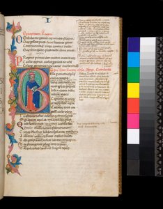 Ms 325. Lucan, Bellum Civile und andere Werke, f.10r. Illuminierte Initiale [B], bewohnt von einem ganzfigurigen Autorenporträt, das sich in eine teilweise Laubumrandung erstreckt, ca. 1400-10 (Pergament) von Cristoforo Cortese