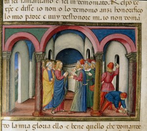 Jesus wurde in der Nähe des Tempels von Salomo von Juden unterbrochen, die ihn baten, seine Identität zu beweisen Miniatur von Cristoforo De Predis (1440-1486) nach der Geschichte des Neuen Testaments