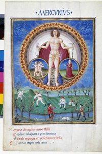 Merkur mit den Tierkreiszeichen Jungfrau und Zwillinge. Unten, Bauern bei der Feldarbeit. Miniatur von Cristoforo de Predis (ca. 1440-ca. 1486) - in „De Sphaera“ d