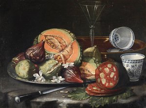 Stillleben: Melone, Wurst, Feigen und chinesisches Porzellan