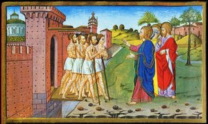 Jesus und die Aussätzigen. Miniatur von Cristoforo de Predis - in Historia del nuovo testamento von Cristoforo De Predis