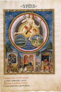 Jupiter mit den Tierkreiszeichen Fische und Schütze. Händler verkaufen verschiedene Gegenstände (Miniatur, ca. 1470)