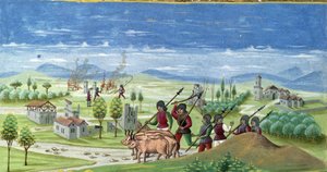 Plünderung während des Krieges. Detail von „Einfluss der Sonne“: Der Krieg. Miniatur von Cristoforo de Predis (ca. 1440-ca. 1486) - in „De Sphaera“ d