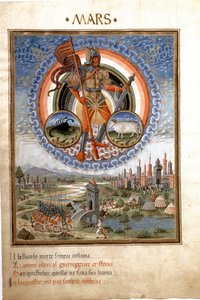 Mars mit den Tierkreiszeichen Skorpion und Widder. Die Kampfszenen (Miniatur, ca. 1470)