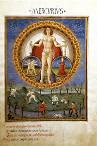 Merkur mit den Tierkreiszeichen Jungfrau und Zwillinge. Bauern bei der Feldarbeit (Miniatur, ca. 1470) von Cristoforo De Predis