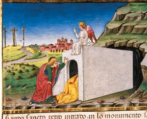 Die Apostel Petrus und Johannes entdecken das leere Grab Christi, aus dem Leggendario Sforza-Savoia