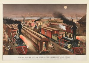 Nachtszene an einem amerikanischen Eisenbahnknotenpunkt von Currier and Ives