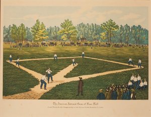 Das amerikanische Nationalspiel Baseball, ca. 1866 von Currier and Ives.