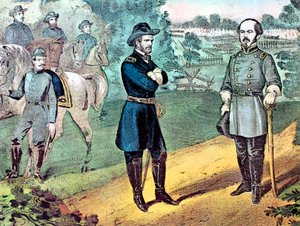 Die Kapitulation der konföderierten Truppen in North Carolina, Amerikanischer Bürgerkrieg, 1865 von Currier and Ives
