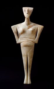 Kunst der Kykladen: weibliche Figur. Marmoridol von Syros. 3000 v. Chr. Kykladische Zivilisation (-3200 bis -2000) Athen, Nationales Archäologisches Museum von Cycladic