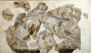 Kykladische Kunst: Fragment eines Freskos, das fliegende Fische (Seeschwalben) darstellt. Vom Fundort Phylakopi (Insel Melos) 2500 v. Chr. Dim. 23 cm Athen, Nationales Archäologisches Museum