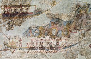 Flotte von Schiffen, Fresko aus Thera, Südliche Kykladeninseln, Griechenland, Kykladische Zivilisation, 3.-2. Jahrtausend v. Chr. von Cycladic Cycladic