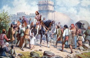 Karl IV. begrüßt einfache Leute während seiner Erweiterung der Befestigungen von Prag im Jahr 1361, frühe 20. Jahrhundert Postkarte
