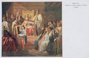 Gründung der Deutschen Universität in Prag durch Karl IV. im Jahr 1348, frühe zwanzigste Jahrhundert Postkarte von Czech School