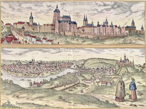 Ansicht von Prag mit (oben) dem Kaiserpalast (Hradschin) und (unten) der Moldau, die die alte und moderne Stadtteile trennt von Czech School
