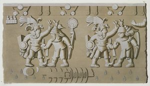 Basrelief antiker aztekischer Krieger, aus dem Stein von Tizoc, der einen Herrscher zeigt, der seine Gefangenen am Kopf hält von D.K. Bonatti
