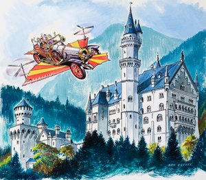 Chitty Chitty Bang Bang fährt an Neuschwanstein in den bayerischen Alpen vorbei von Dan Escott