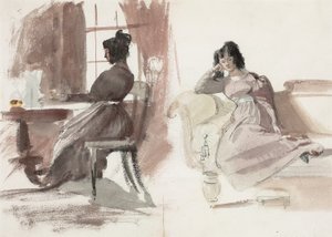 Studien einer jungen Dame in einem rosa Kleid, am Schreibtisch sitzend und auf einer Chaiselongue sitzend