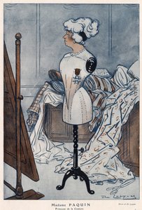 Madame Jeanne Paquin (1869-1936), französische Modeschöpferin, dargestellt mit dem Kreuz der Ehrenlegion, das sie gerade erhalten hat - Illustration von Daniel De Losques (Henri Casimir Paul Thouroude dit) (1880-1915) in „Fantasio“ von 1913 von Daniel de Losques