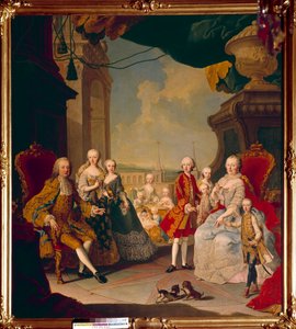 Franz I. des Heiligen Römischen Reiches (1708-1765) und seine Frau Kaiserin Maria Theresia I. (1717-1780) mit ihren elf Kindern auf der Terrasse des Schlosses Schönbrunn. Die zukünftige Königin Marie Antoinette posiert in der Mitte noch als Baby. Gemälde von Daniel (and Studio) (after) Mytens