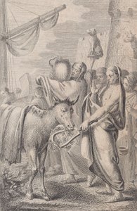 Figuren rechts in der Nähe eines Schiffes, einige halten Tiere über ihren Köpfen, ein Pferd links, 1783
