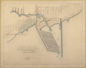 Tafel 72 aus dem Plan von Chicago, 1909: Chicago. Skizzenplan der vorgeschlagenen Docks an der Mündung