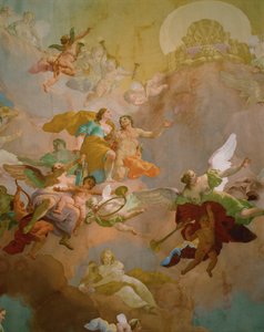 Hermes führt Diana, Göttin der Jagd, auf den Olymp, wo Zeus seinen Thron für sie geräumt hat