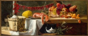 Stillleben mit Peperoni, Früchten, einem Hummer und einer Katze von Daniel Hock