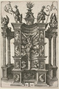 Der gekreuzigte Christus in einer dekorierten Nische von Daniel Hopfer