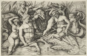 Zwei Tritonen kämpfen - Schlacht der Meeresgötter (rechter Teil) von Daniel Hopfer