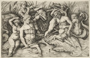Zwei kämpfende Tritonen - Schlacht der Meeresgötter (rechter Teil) von Daniel Hopfer