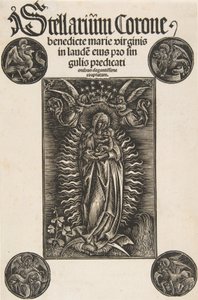 Jungfrau auf einer Mondsichel, Titelseite aus Pelbartus de Temesvar: Stellarium corone Schr. 2869, 1502 von Daniel Hopfer.