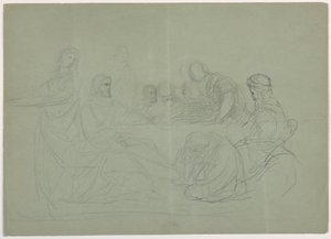 Zeichnung, Maria wäscht die Füße Christi, mehrere Männer sitzen an einem Tisch; Verso: Notizen, 1852 von Daniel Huntington