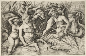 Zwei Tritonen kämpfen - Schlacht der Meeresgötter (rechter Teil) von Daniel I Hopfer
