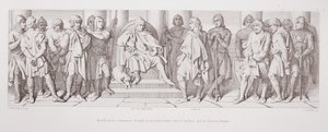 Harold und seine Gefährten als Gefangene vor Guy von Ponthieu und seine normannischen Ritter, aus 